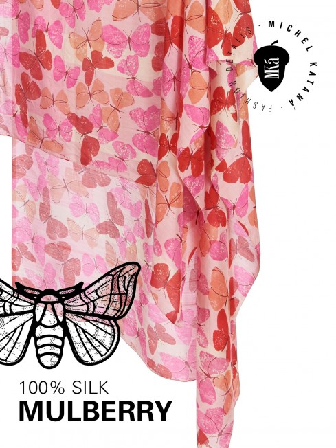 VINTAGE BUTTERFLY PINK, огромный 100*190см и легчайший полупрозрачный ПАЛАНТИН из натурального Шелка MULBERRY, полностью ручной работы. SN40-BUTTERFLY/PINK