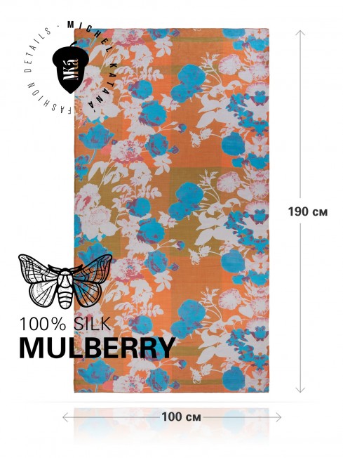 VINTAGE WATER FLOWER ORANGE, огромный 100*190см и легчайший полупрозрачный ПАЛАНТИН из натурального Шелка MULBERRY, полностью ручной работы. SN40-WATER.FLOWER/ORANGE